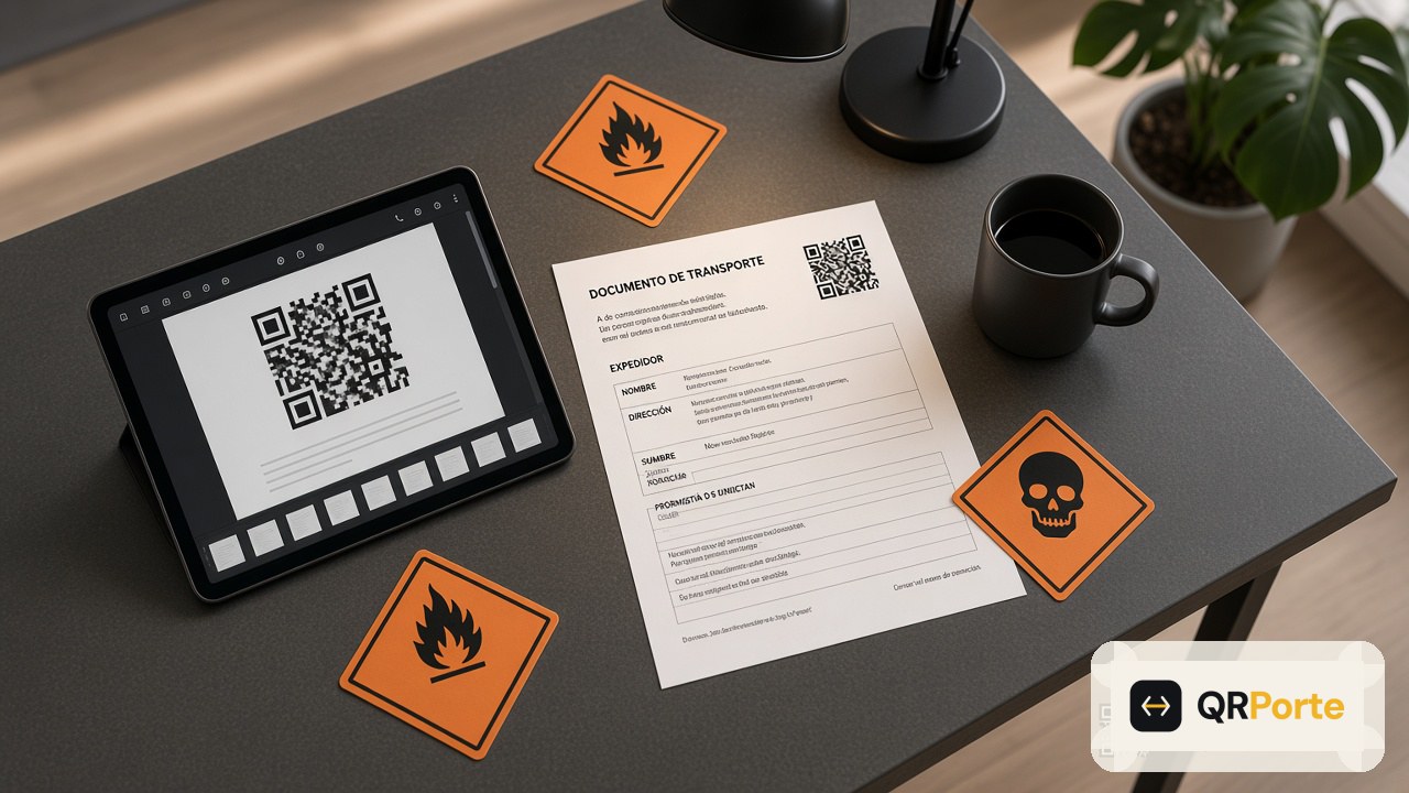 Documento de transporte ADR con QR sobre el escritorio