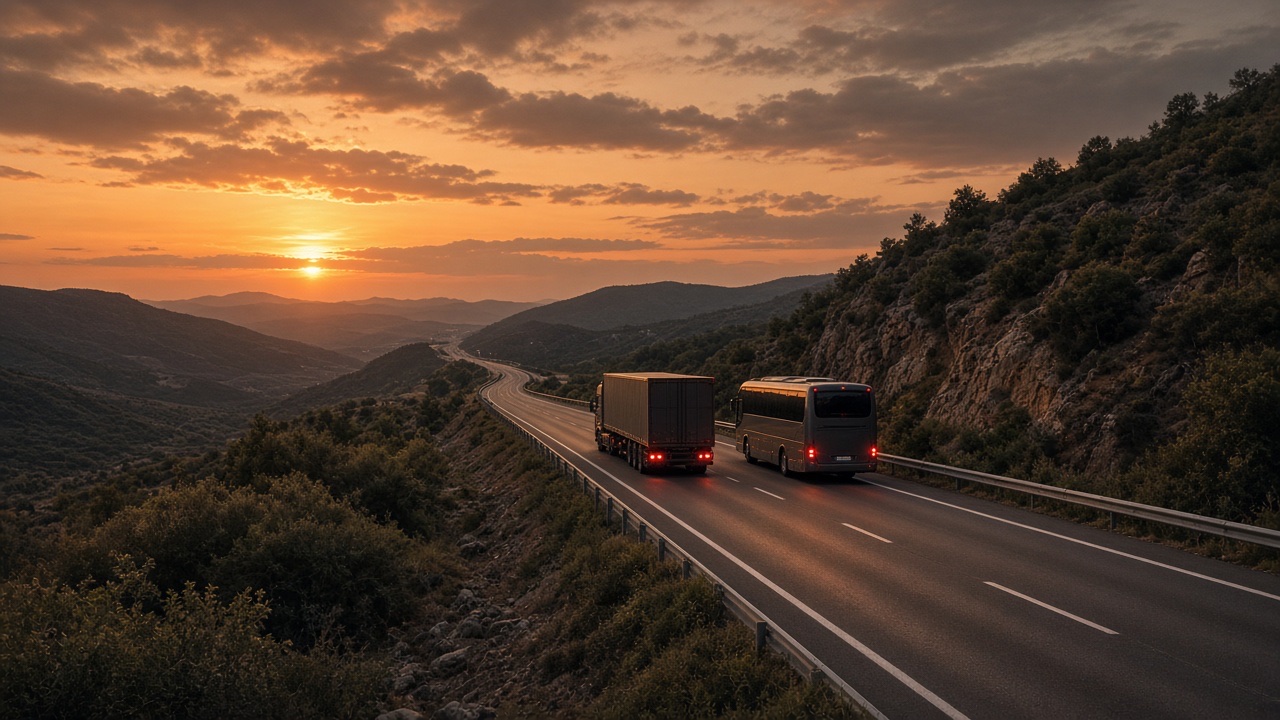 Camión y autobús en la misma carretera al atardecer