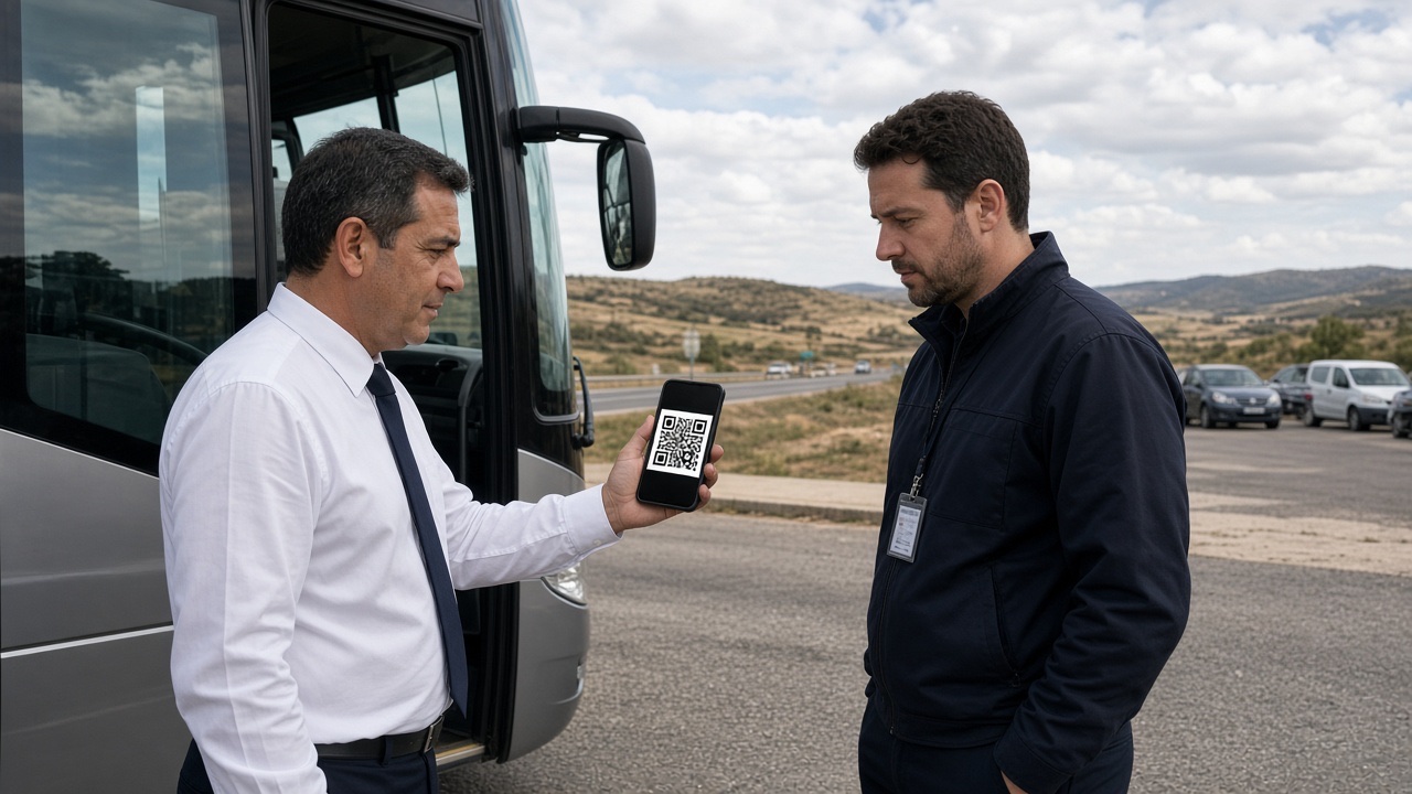 Control en carretera con el QR de la hoja de ruta en el móvil