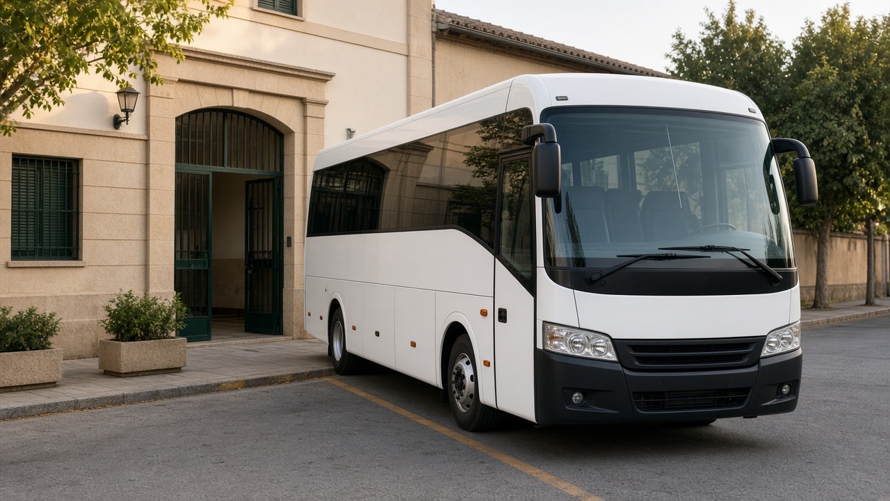 Autobús de transporte escolar especial frente a un colegio