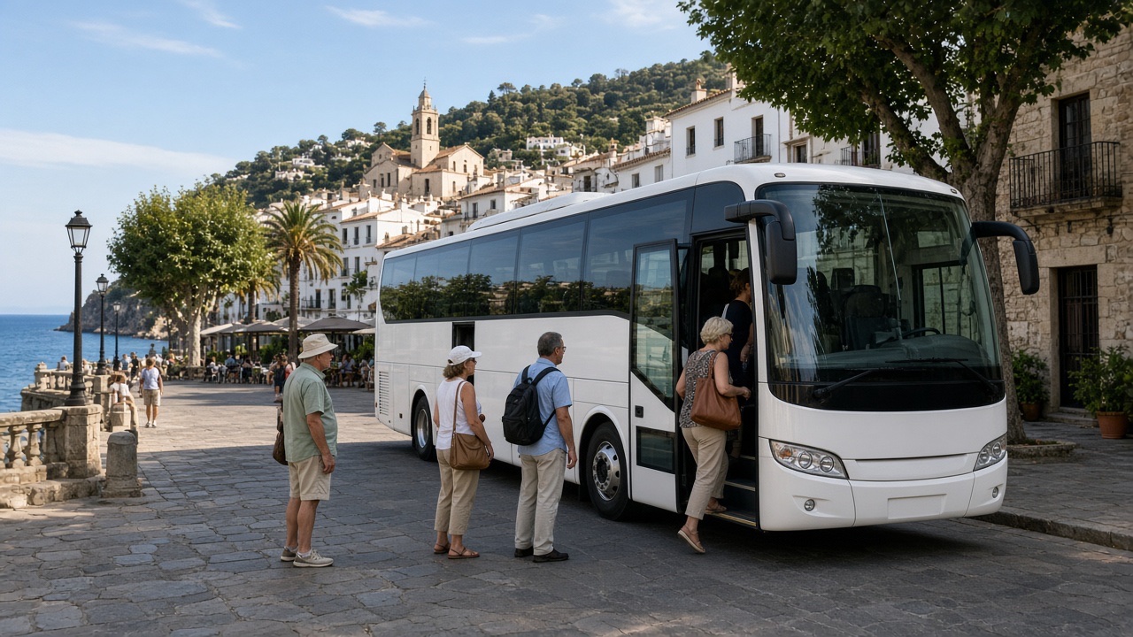 Autobús turístico en un pueblo costero