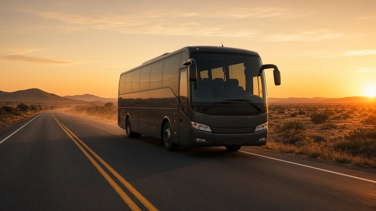 Autobús de viajeros en carretera al atardecer