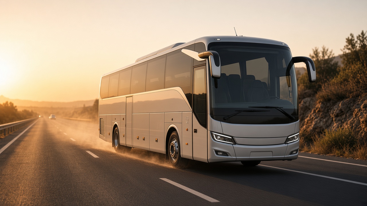 Autobús en carretera al atardecer