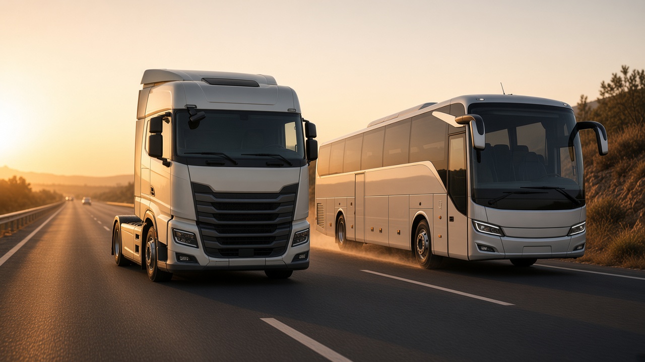 Camión y autobús en la misma carretera al atardecer